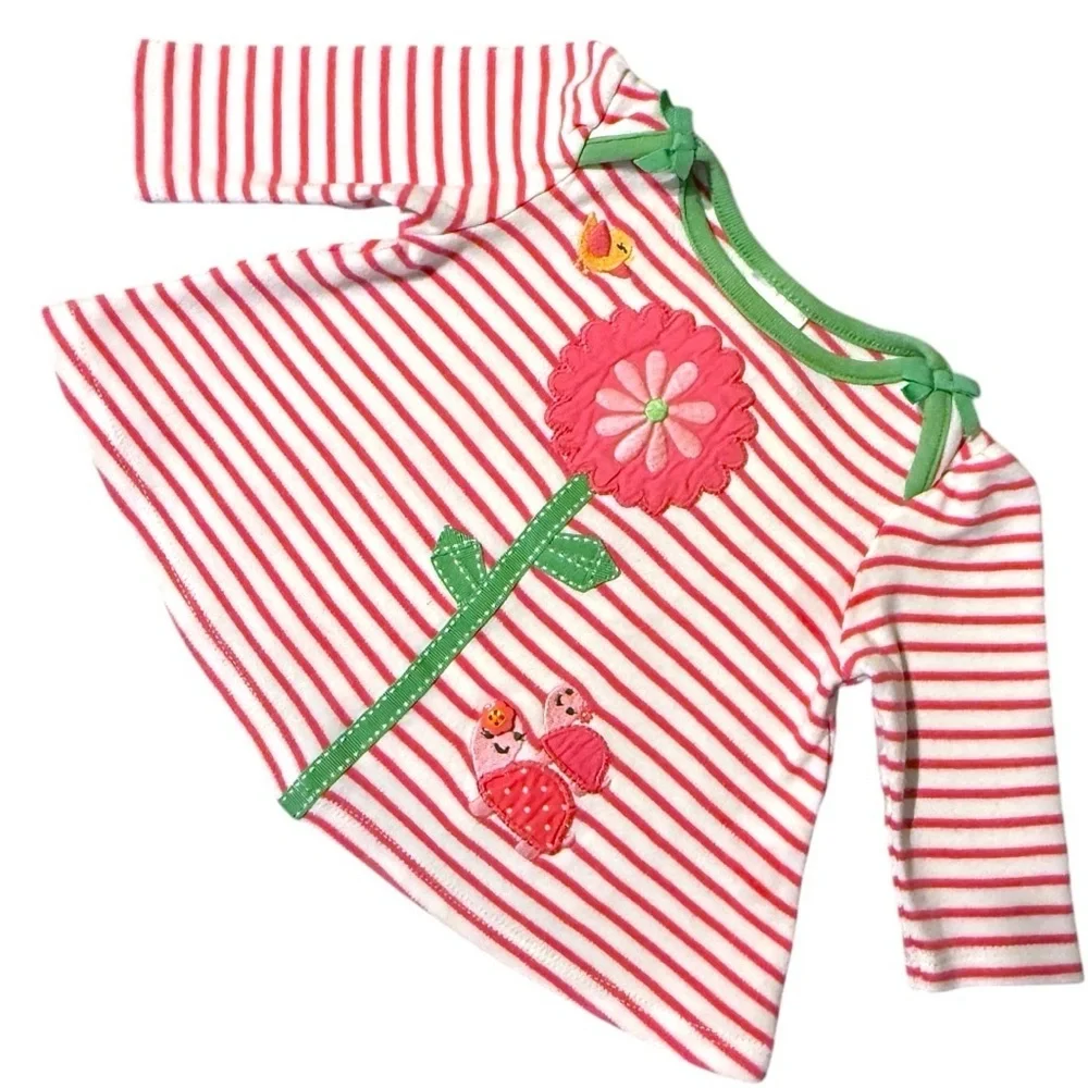 Vintage Gymboree Pink Striped Flower & Turtle Appliqué Top 0–3 Months